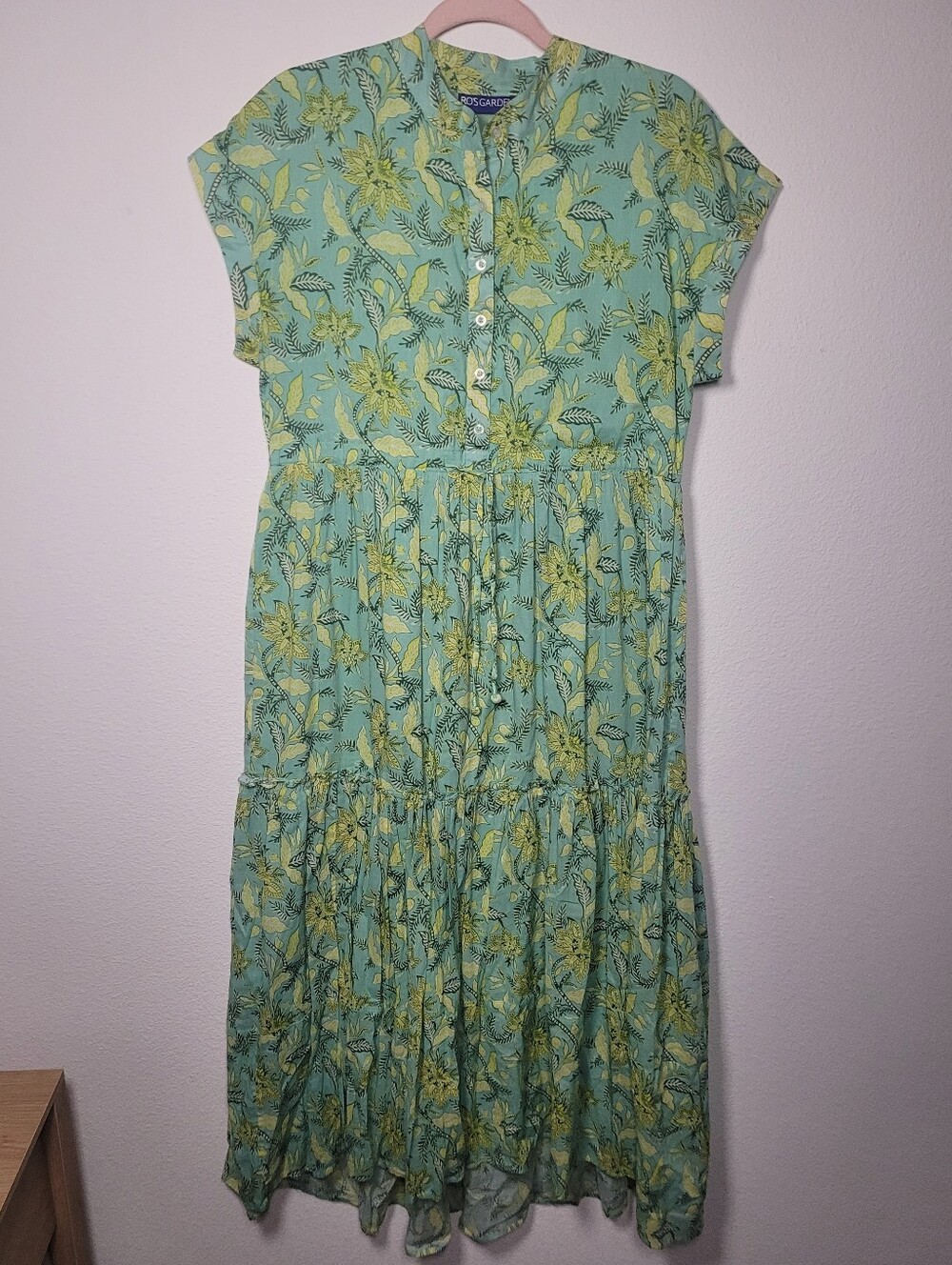 Ro's Garden Floral Block Print Tiered Cotton Maxi Dress S Green Cottagecore Boho